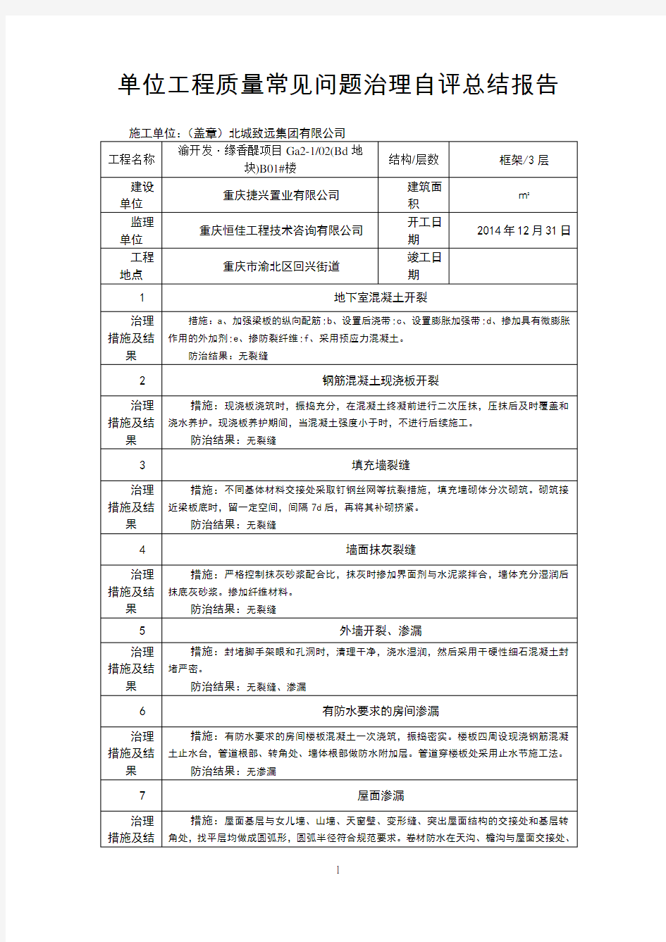 单位工程质量常见问题治理自评总结报告