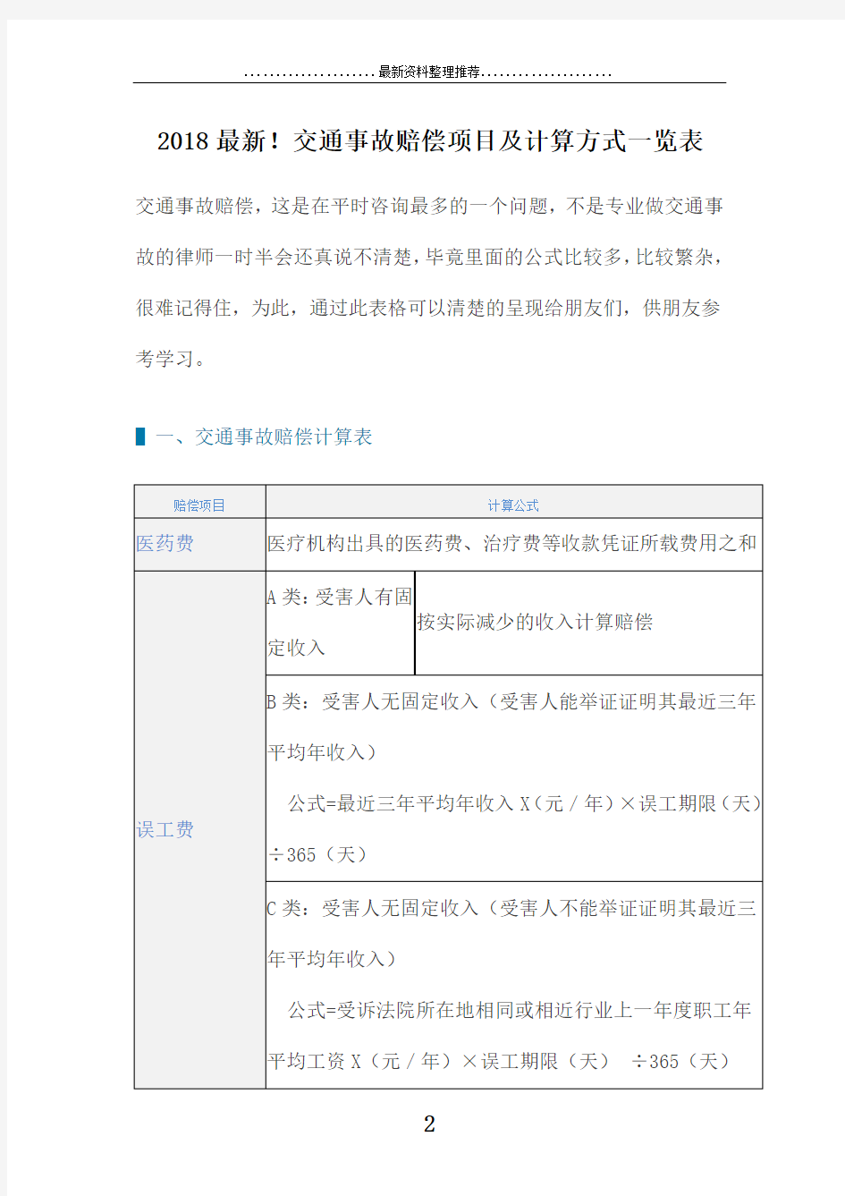 最新!交通事故赔偿项目及计算方式一览表