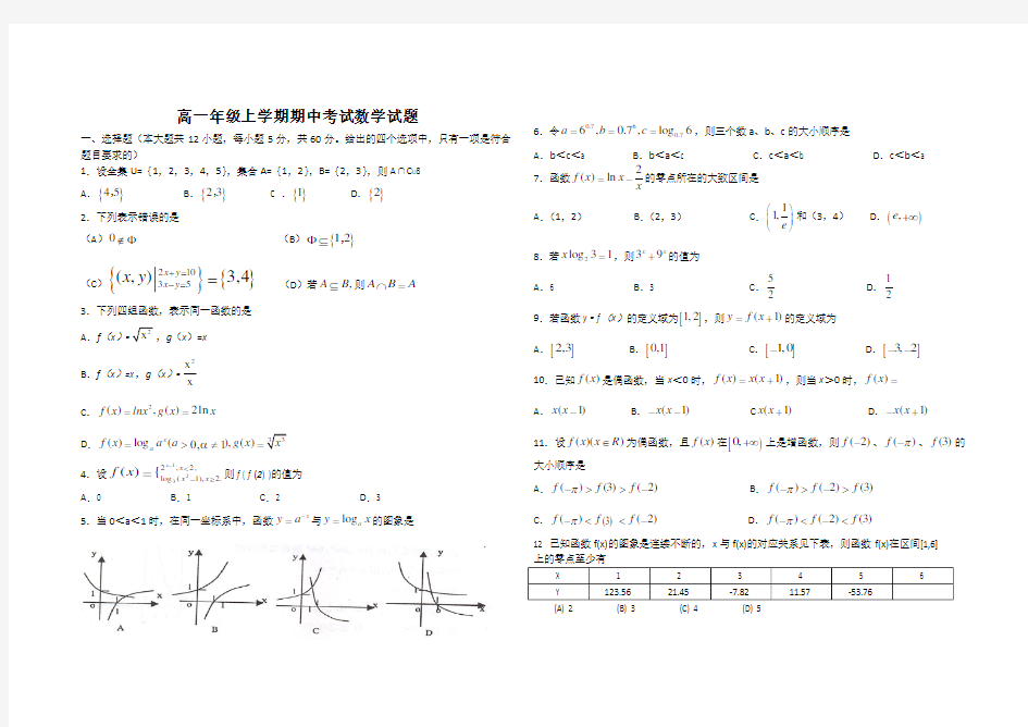 高一数学期中考试测试题(必修一含答案)