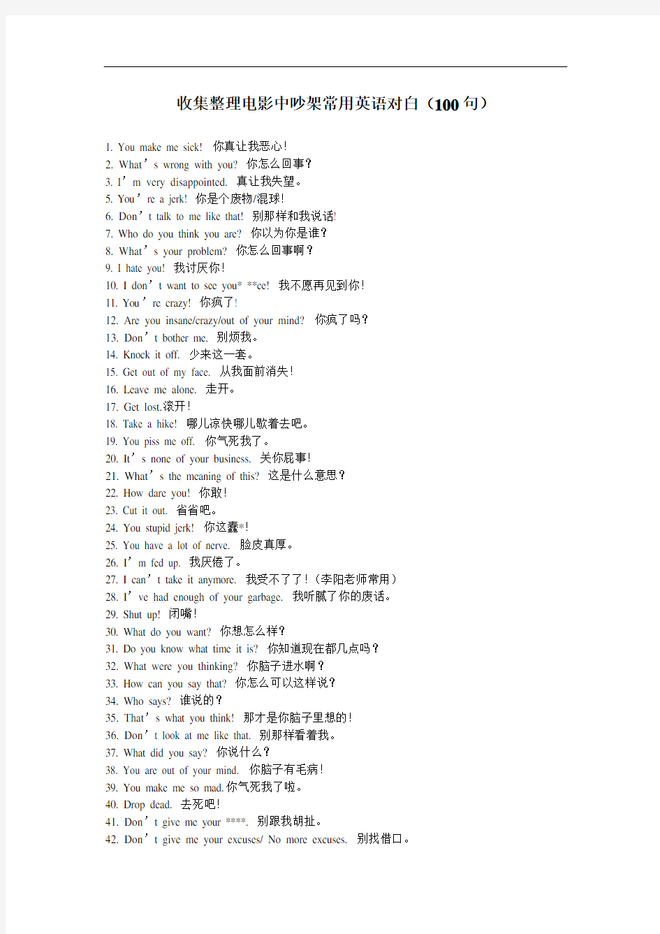 最新收集整理电影中吵架常用英语对白(100句)资料