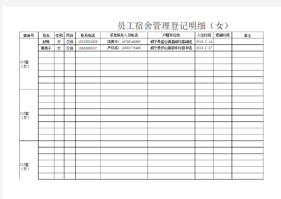 员工宿舍管理登记明细