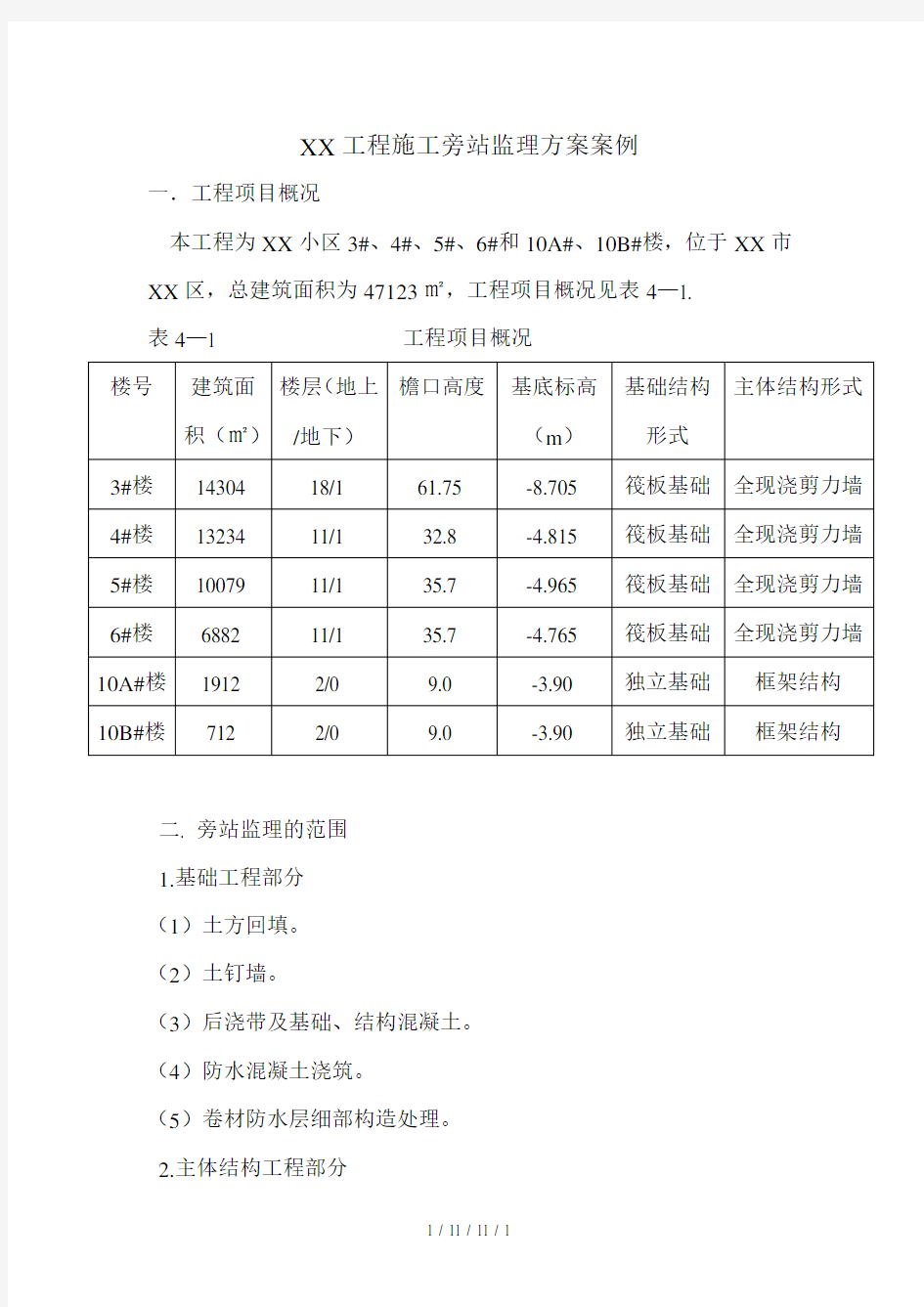 工程施工旁站监理方案案例