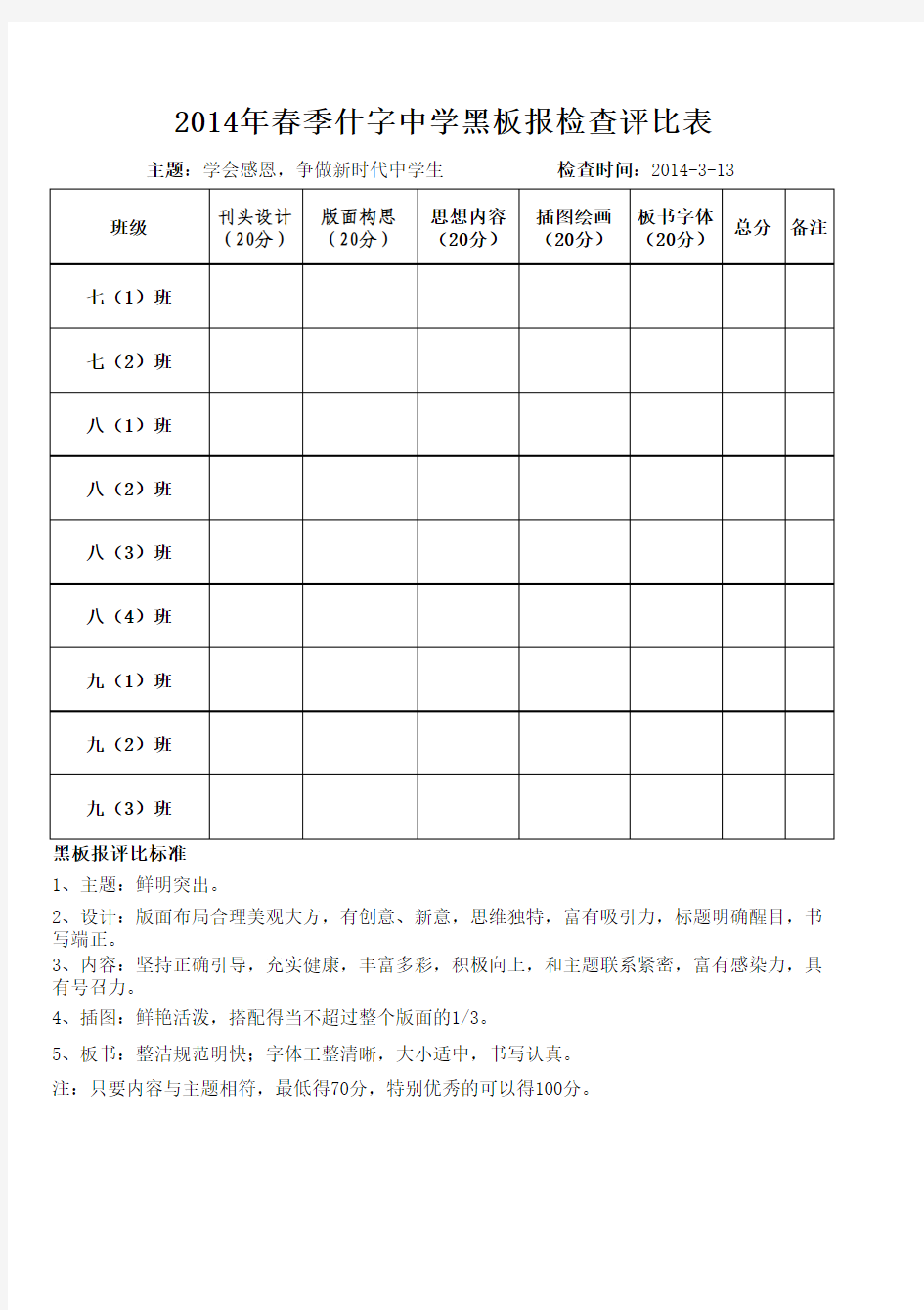 黑板报检查评比表