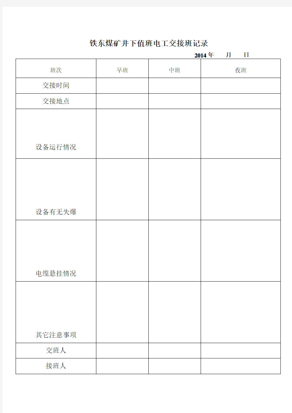 铁东煤矿井下值班电工交接班记录