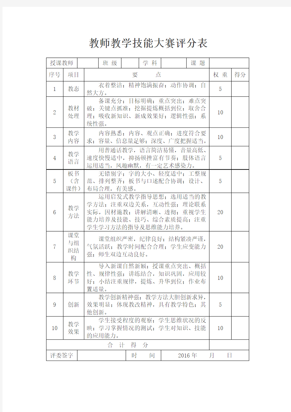 教师教学技能大赛评分表