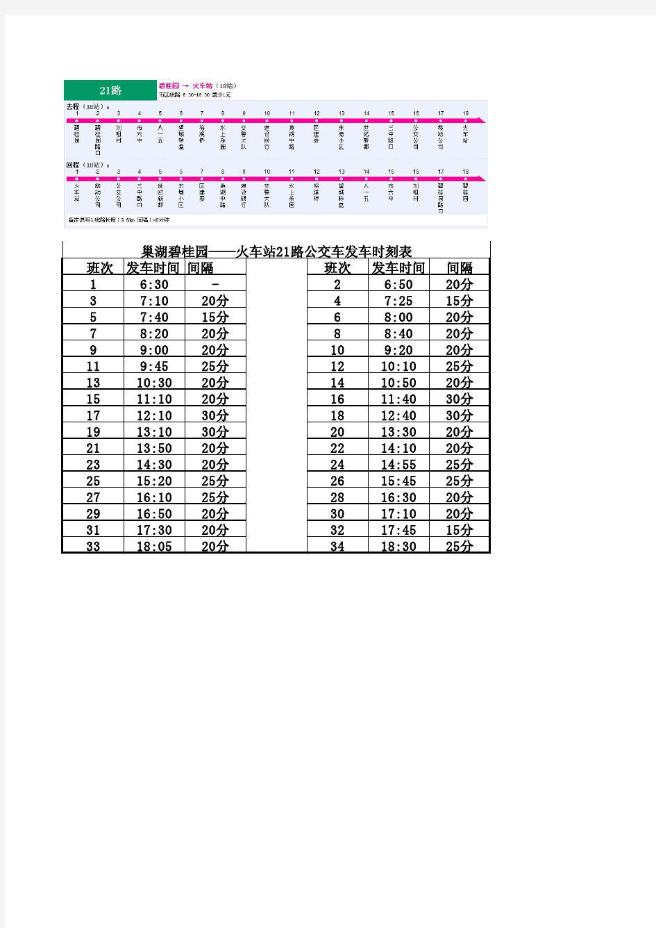 21路发车时刻表