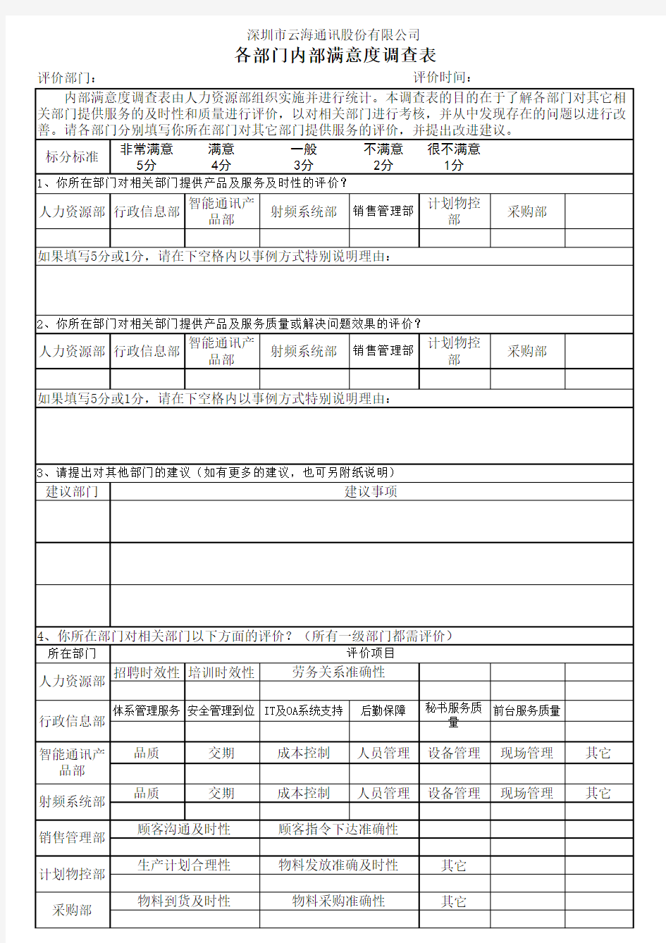 各部门内部顾客满意度调查表