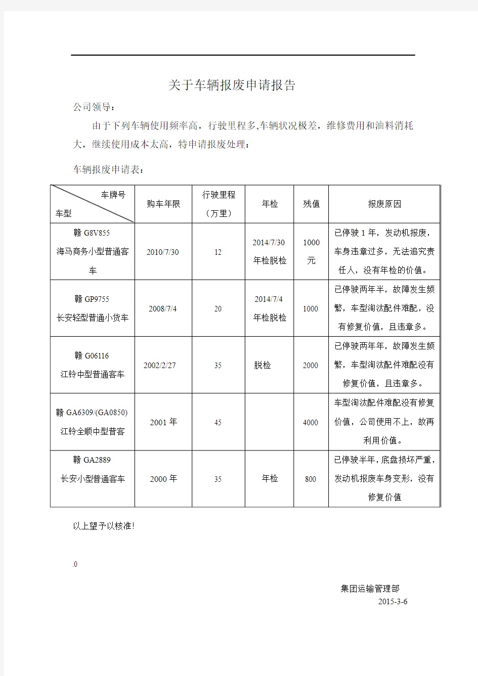 关于车辆报废申请报告