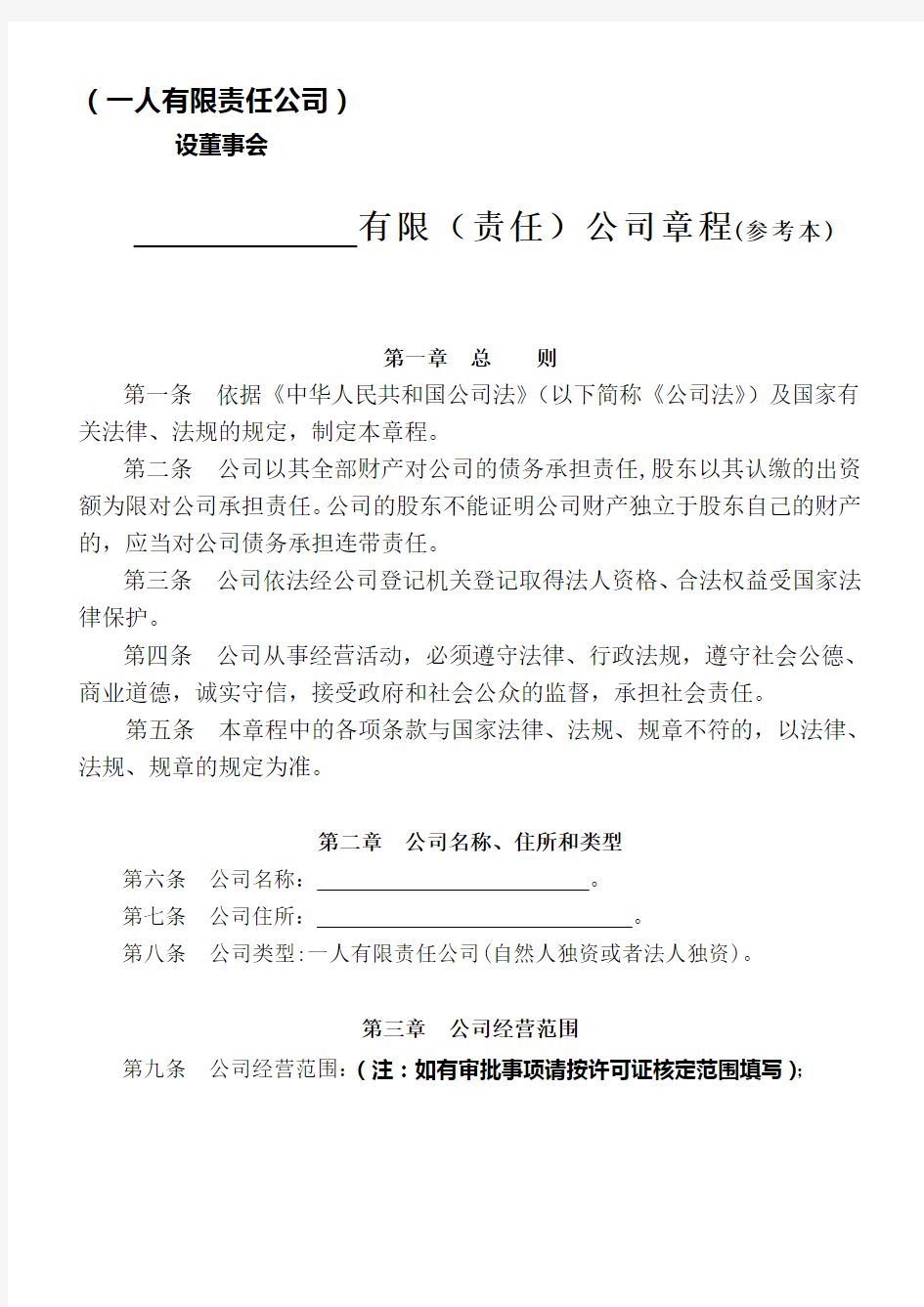 《一人有限责任公司(设立董事会不设监事会)章程》