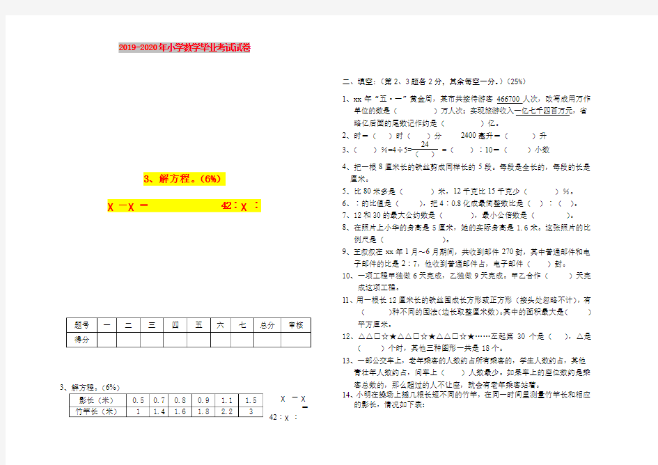 2019-2020年小学数学毕业考试试卷