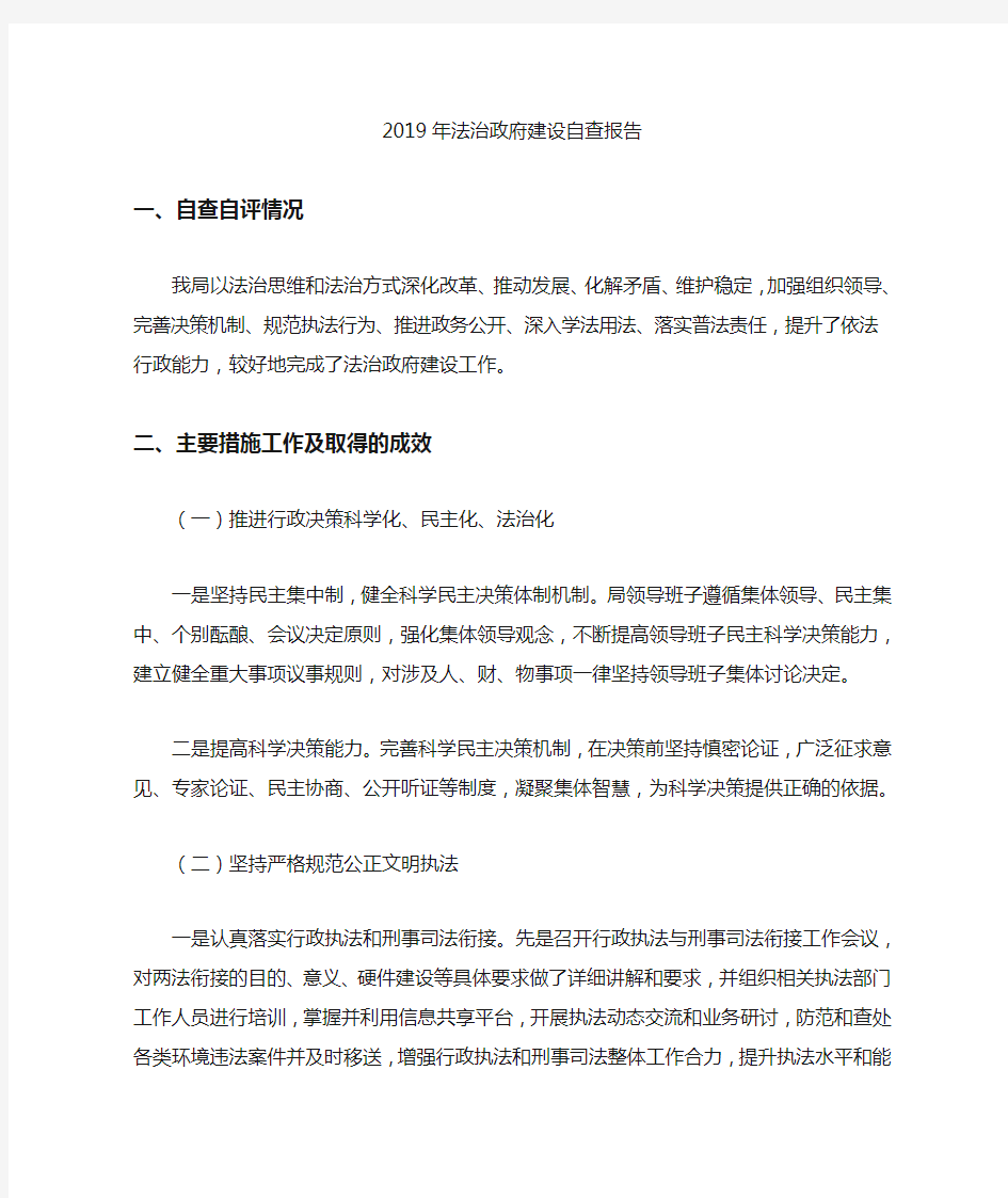 2019年法治政府建设自查报告