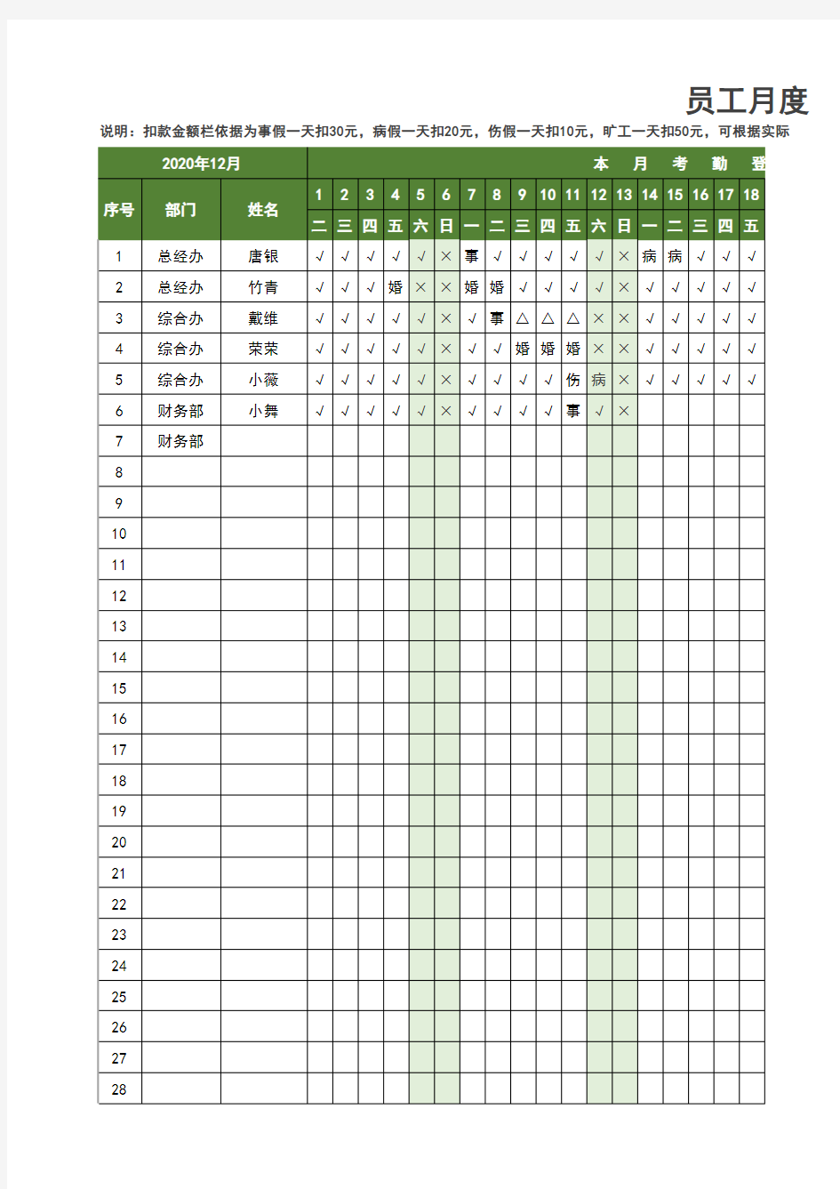 员工月度考勤统计表