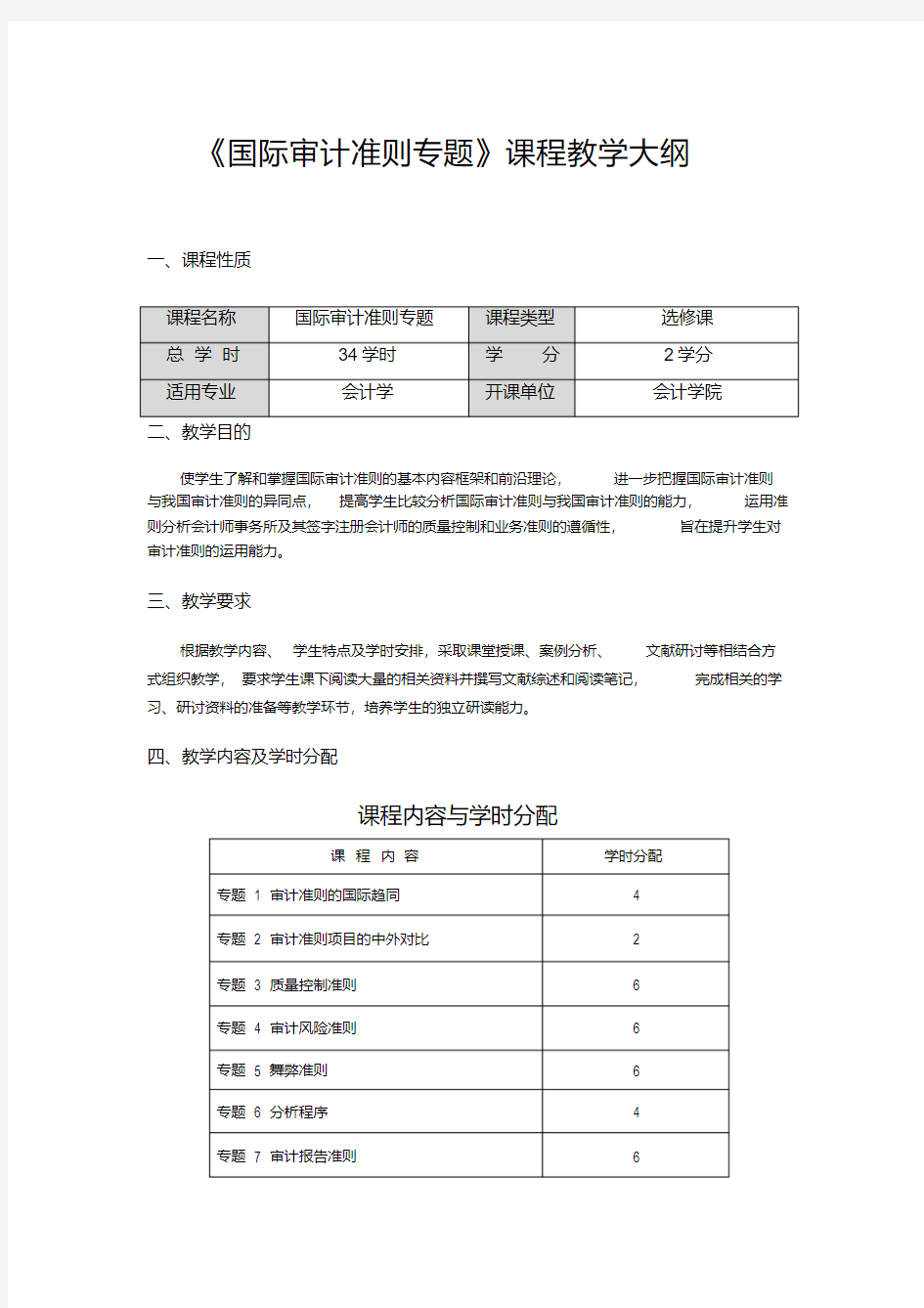 国际审计准则专题课程教学大纲电子教案