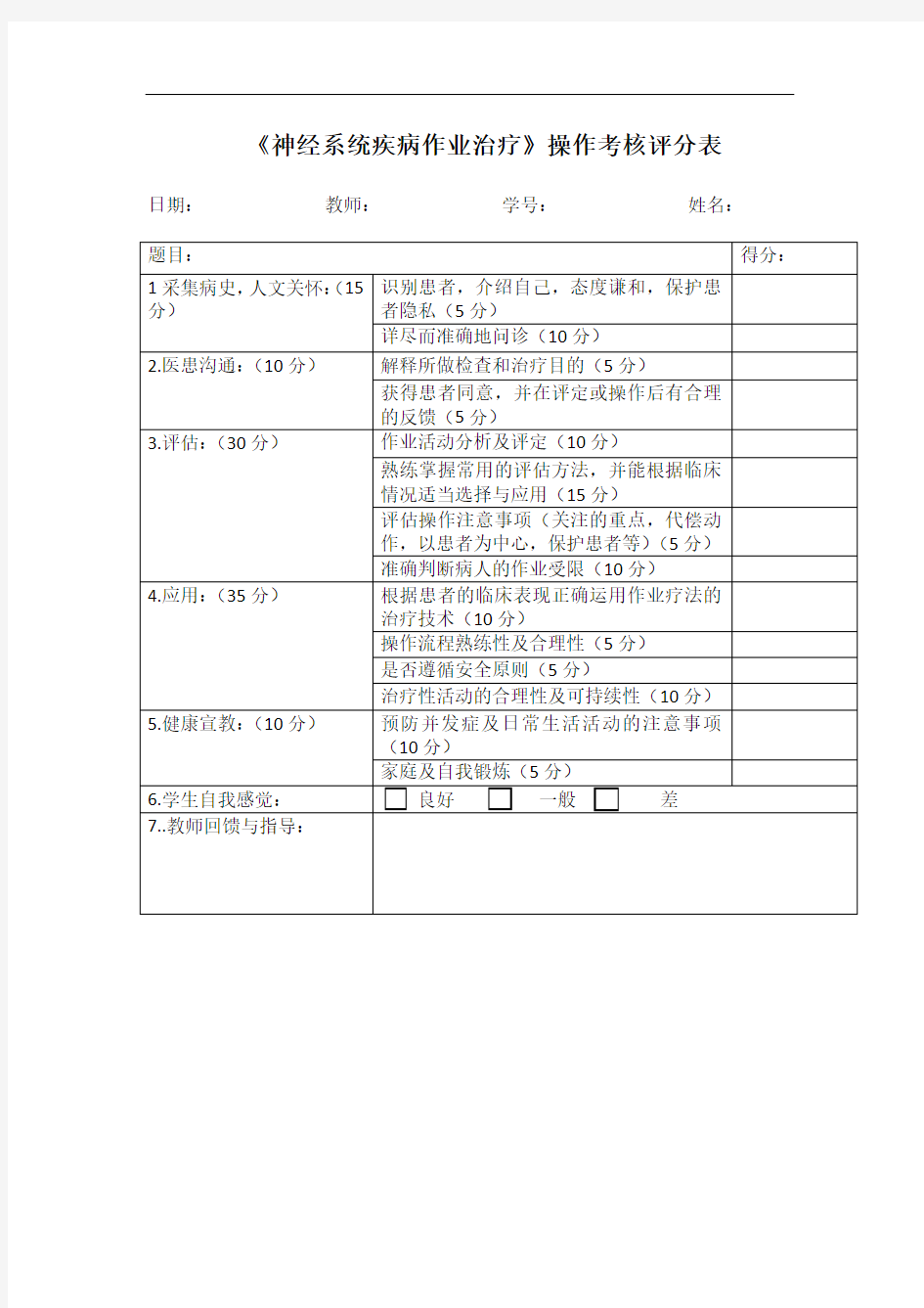 《神经系统疾病作业治疗》操作考核评分表