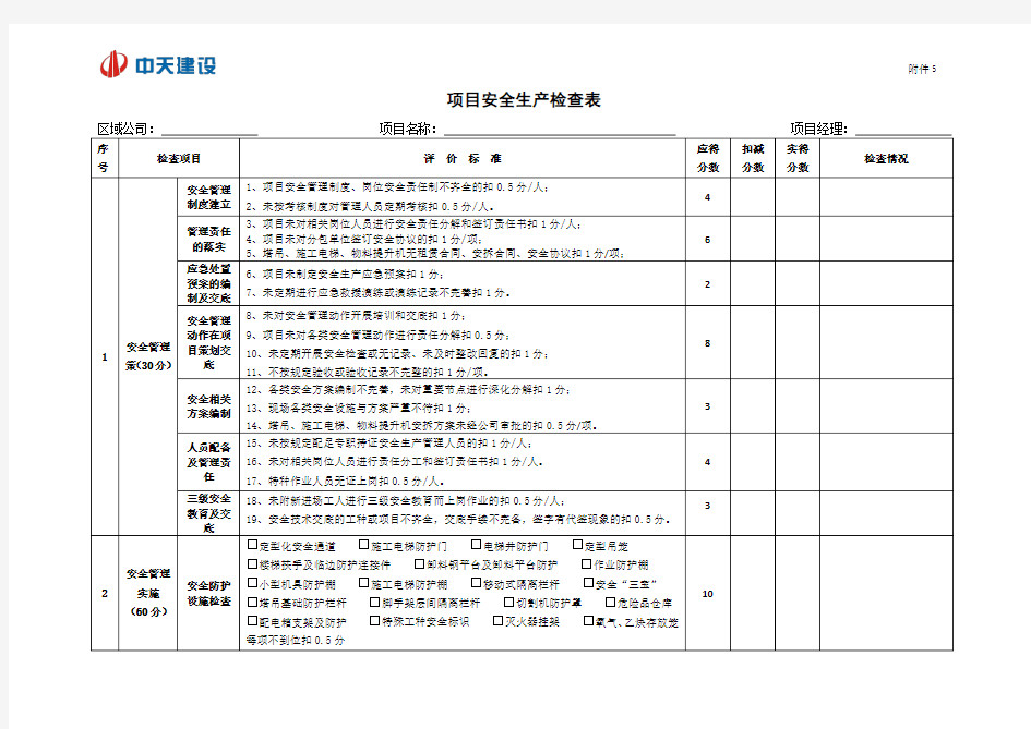 项目安全生产检查表