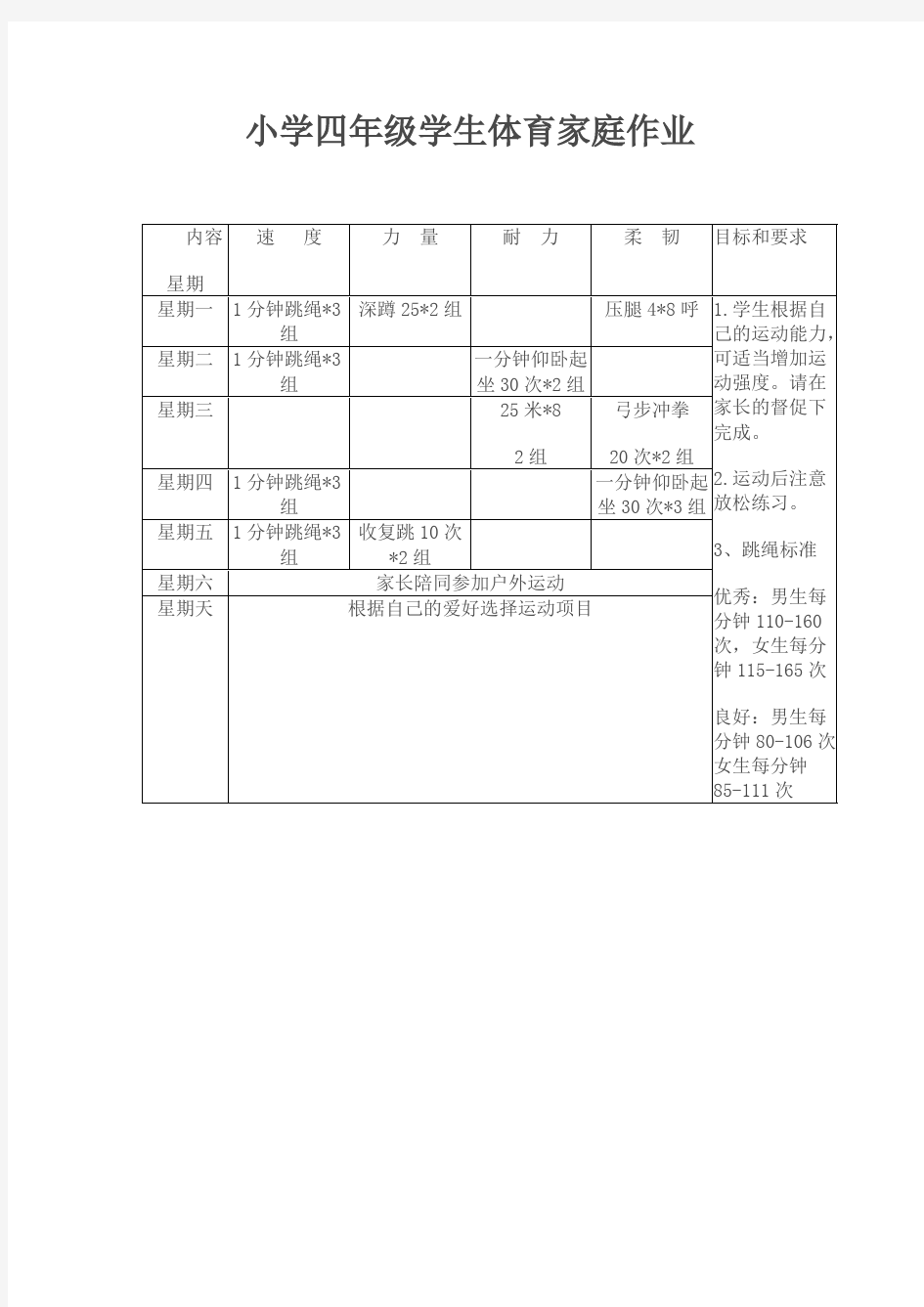 (完整版)小学四年级学生体育家庭作业