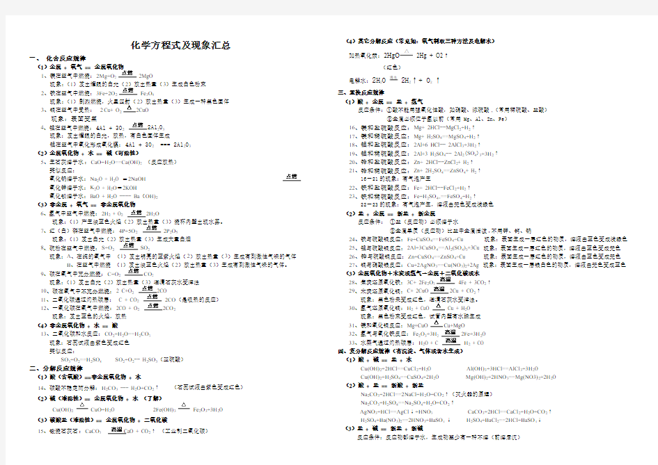 化学方程式及现象汇总