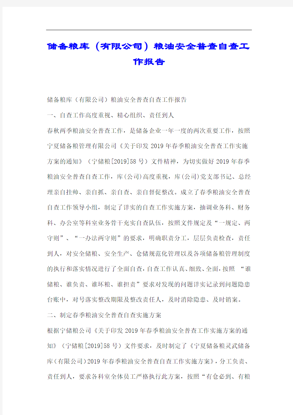 储备粮库(有限公司)粮油安全普查自查工作报告.docx