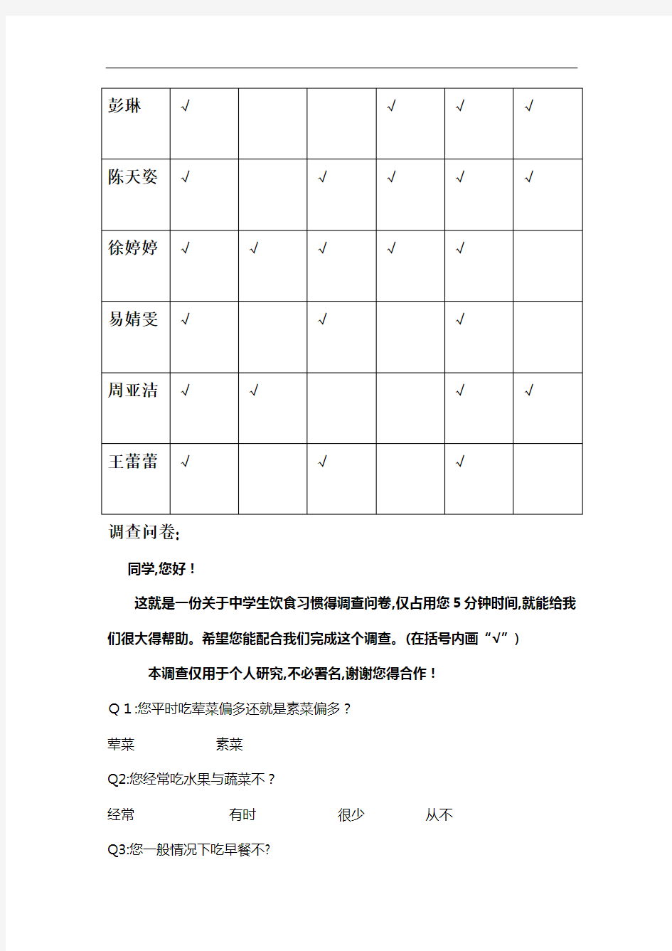 中学生饮食习惯调查报告