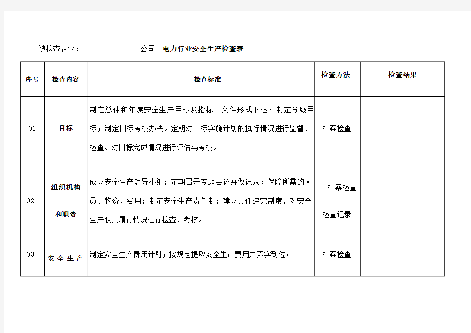 电力行业安全生产检查表