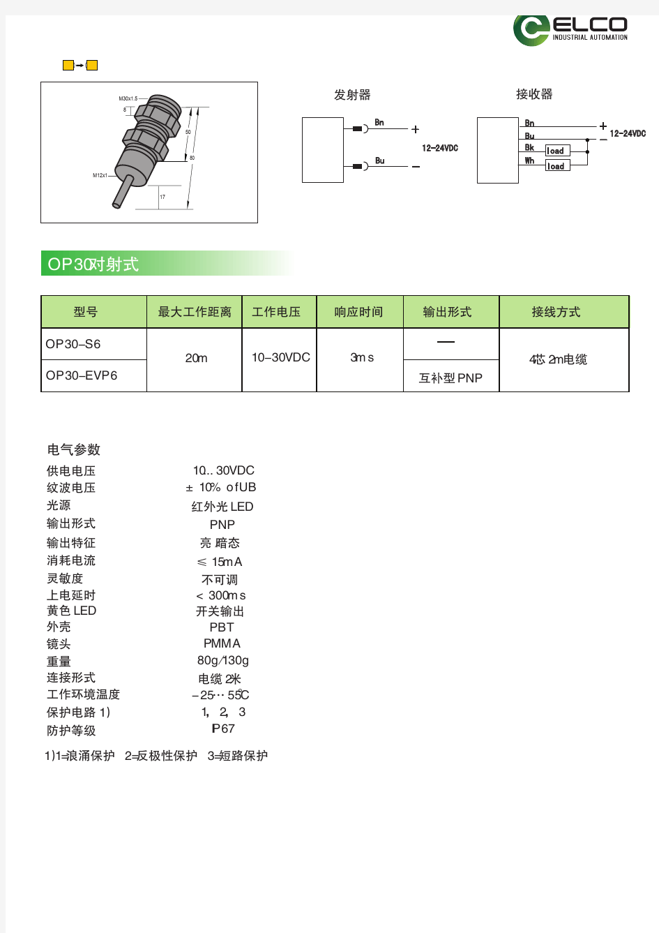 OP30-EVP6对射式光电传感器技术参数表