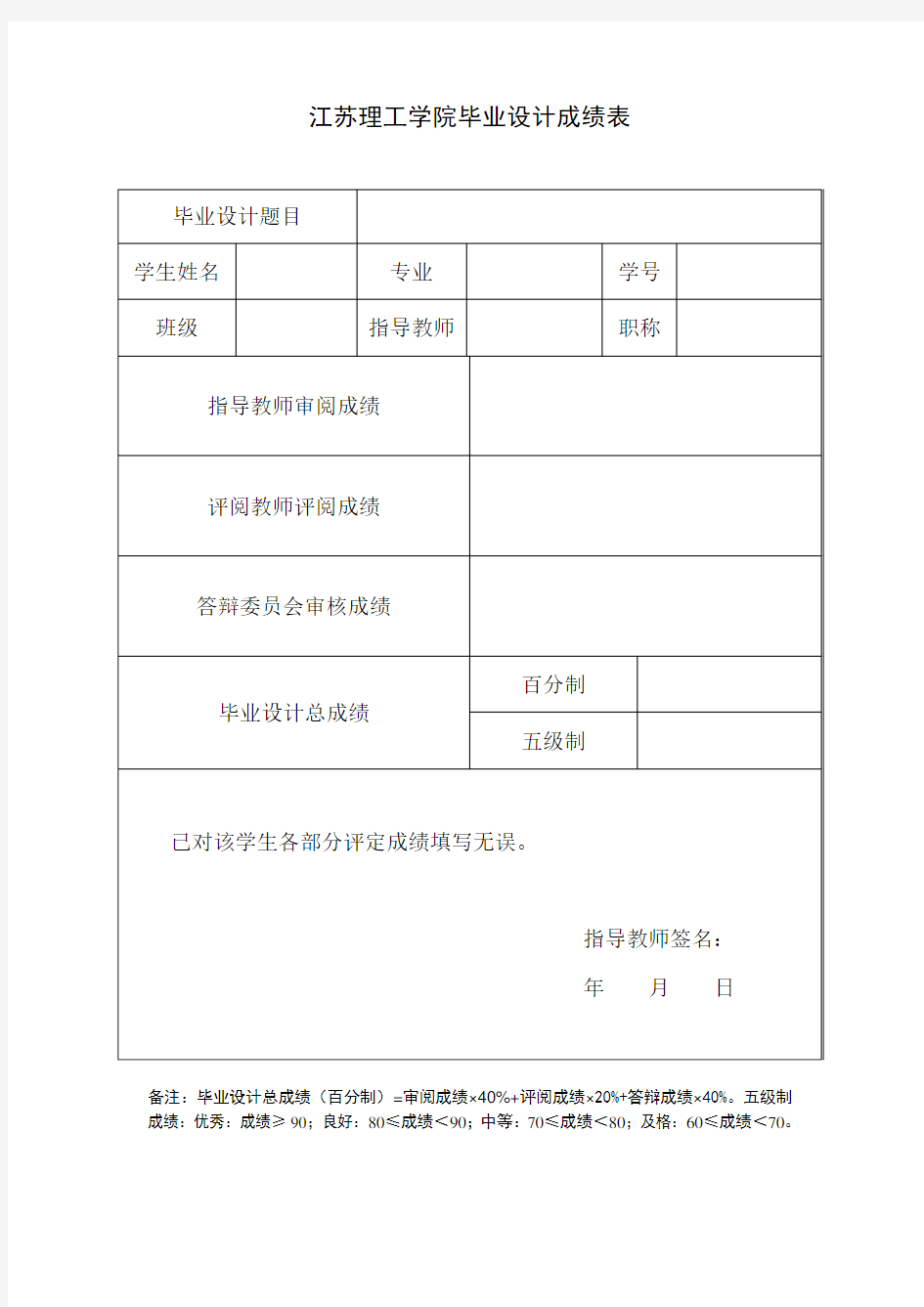 江苏理工学院毕业设计成绩表