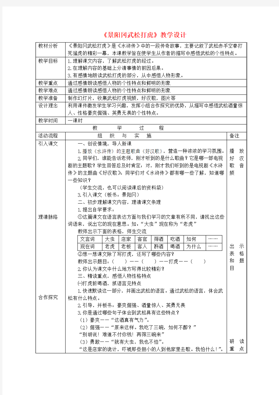 《景阳冈武松打虎》教学设计