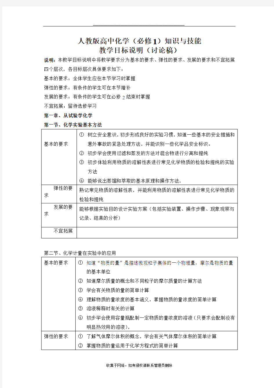 最新人教版高中化学(必修1)教学目标