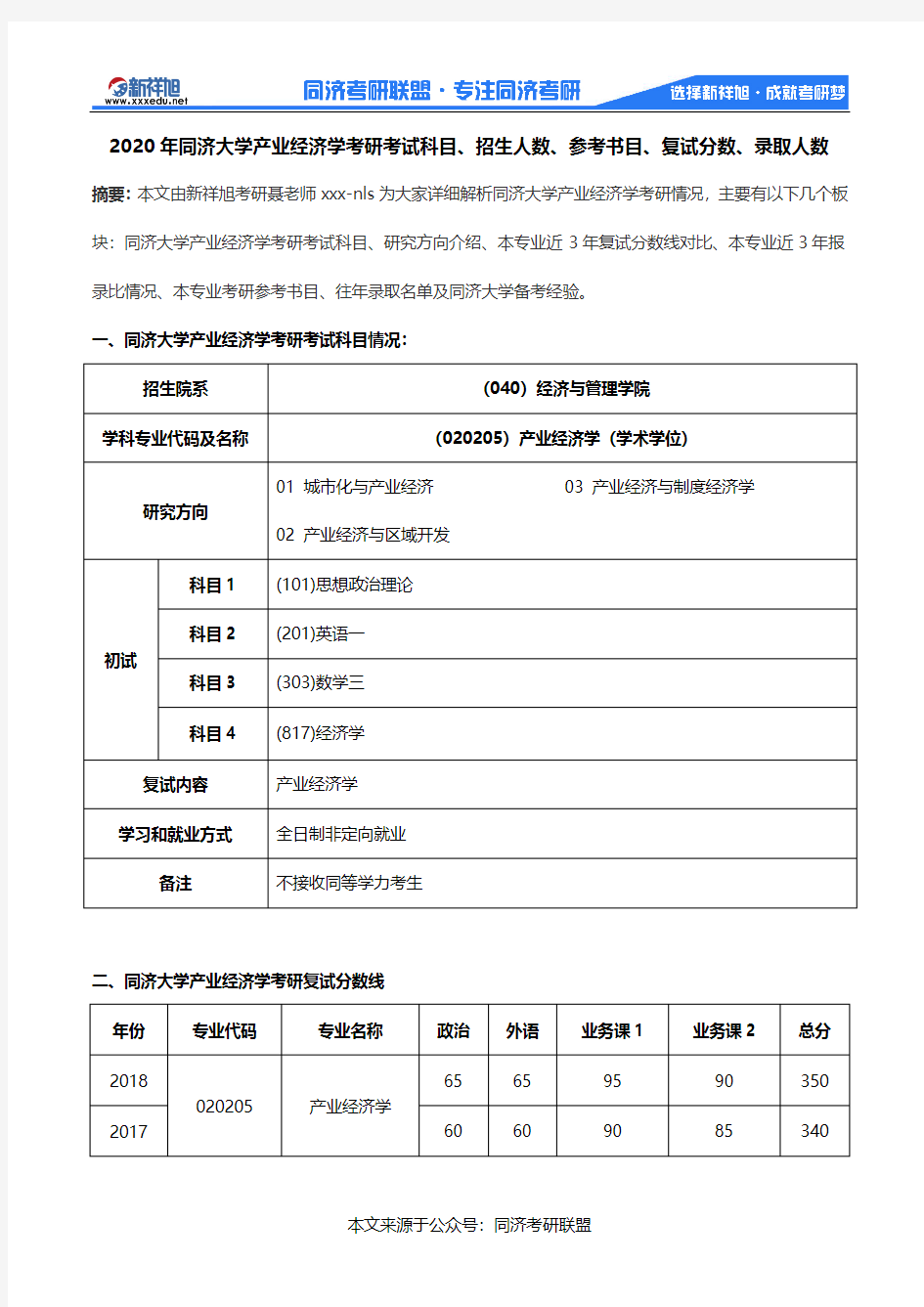 2020年同济大学产业经济学考研考试科目、招生人数、参考书目、复试分数、录取人数