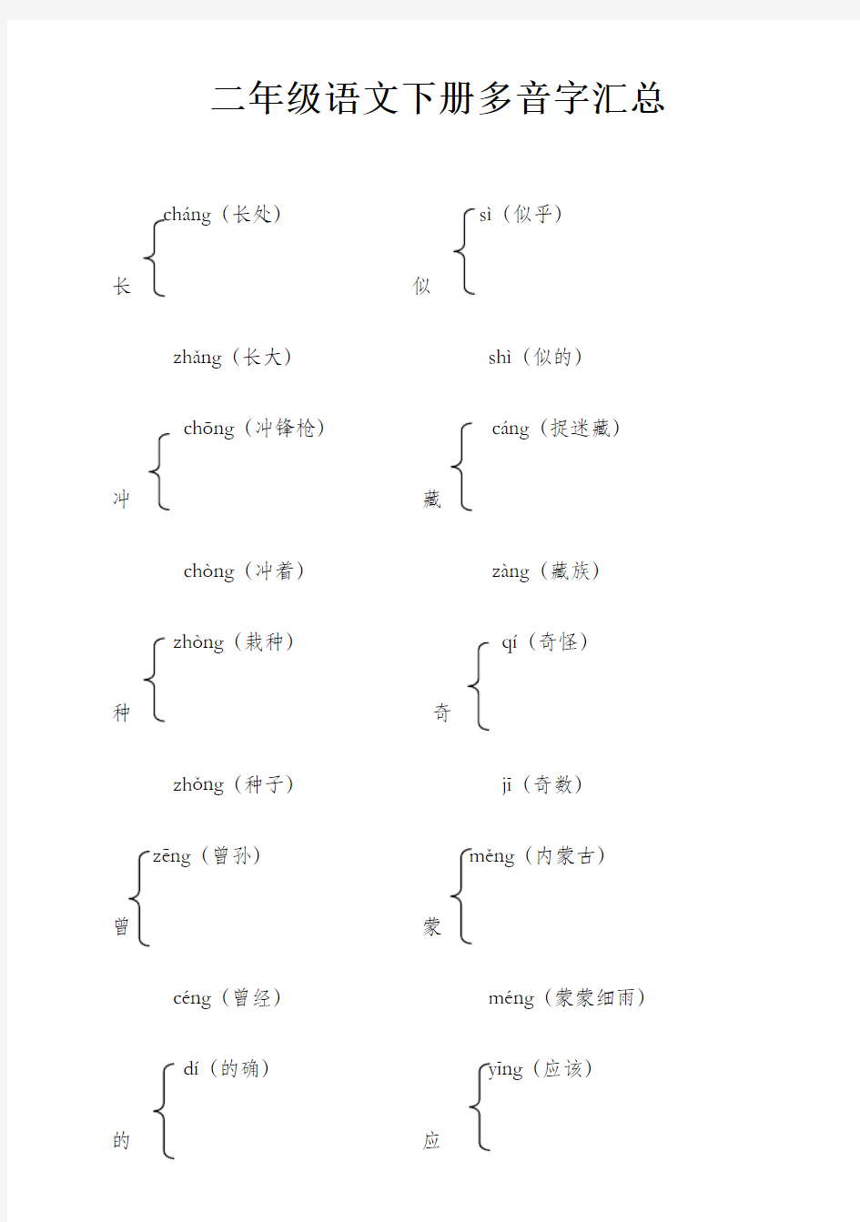 二年级下册多音字汇总(全册)答案