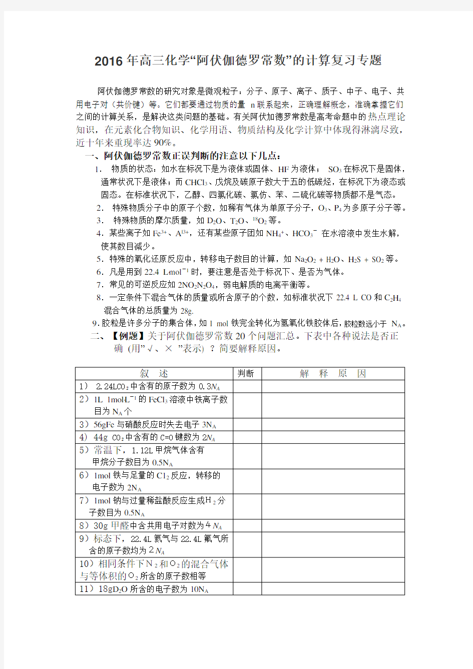 2016年高三化学“阿伏伽德罗常数”的计算复习专题全解