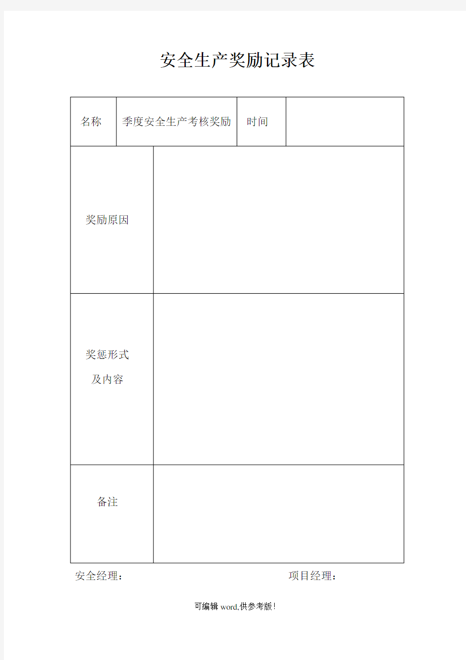 安全生产考核奖惩情况登记表