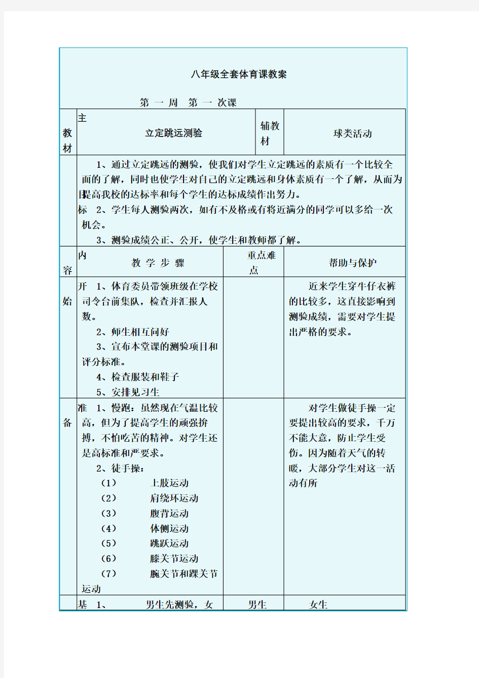 八年级全套体育课教案课程