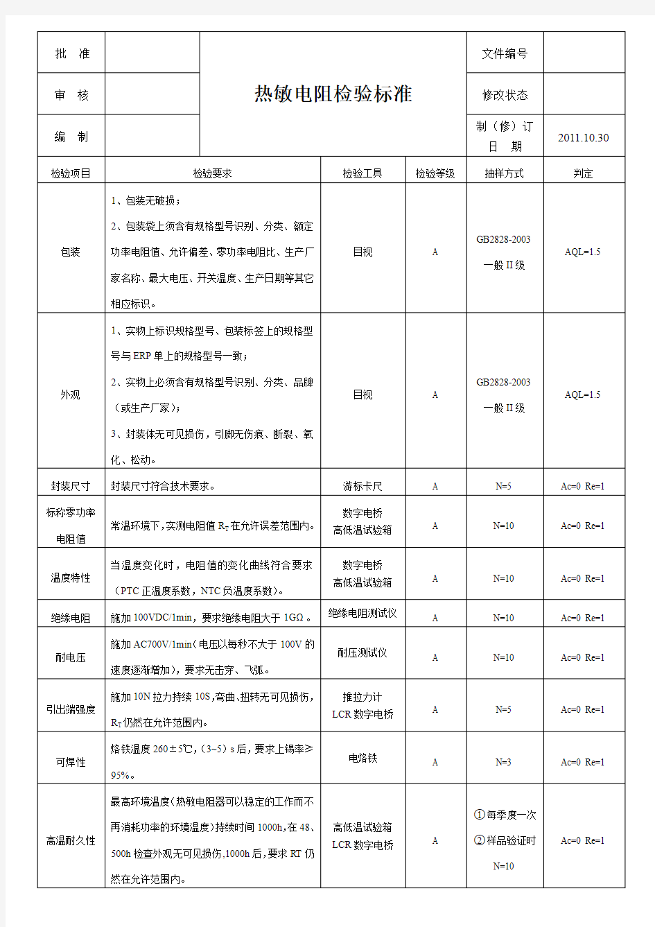 热敏电阻检验标准作业指导书