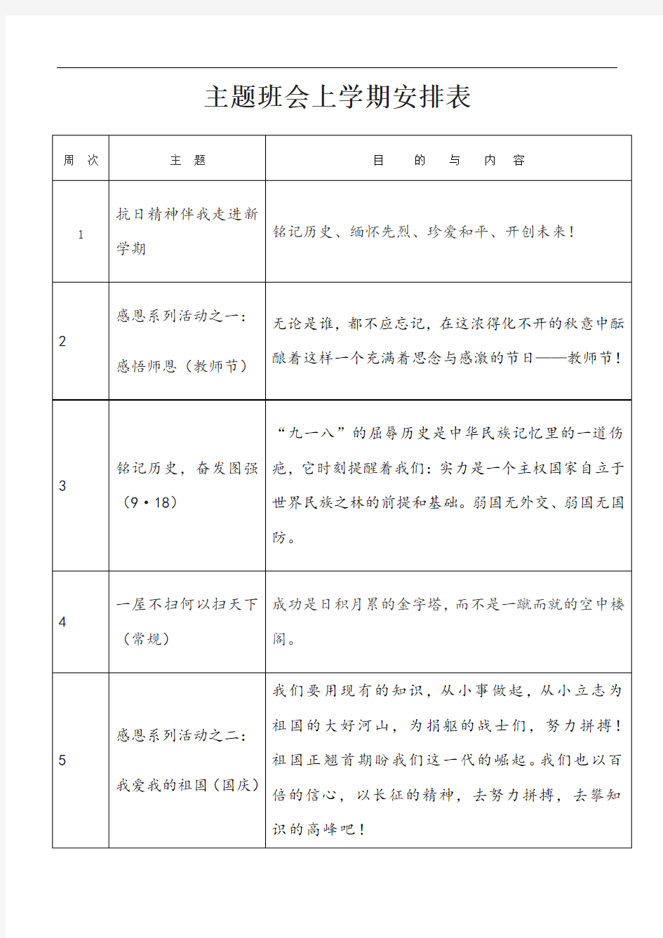 主题班会安排表