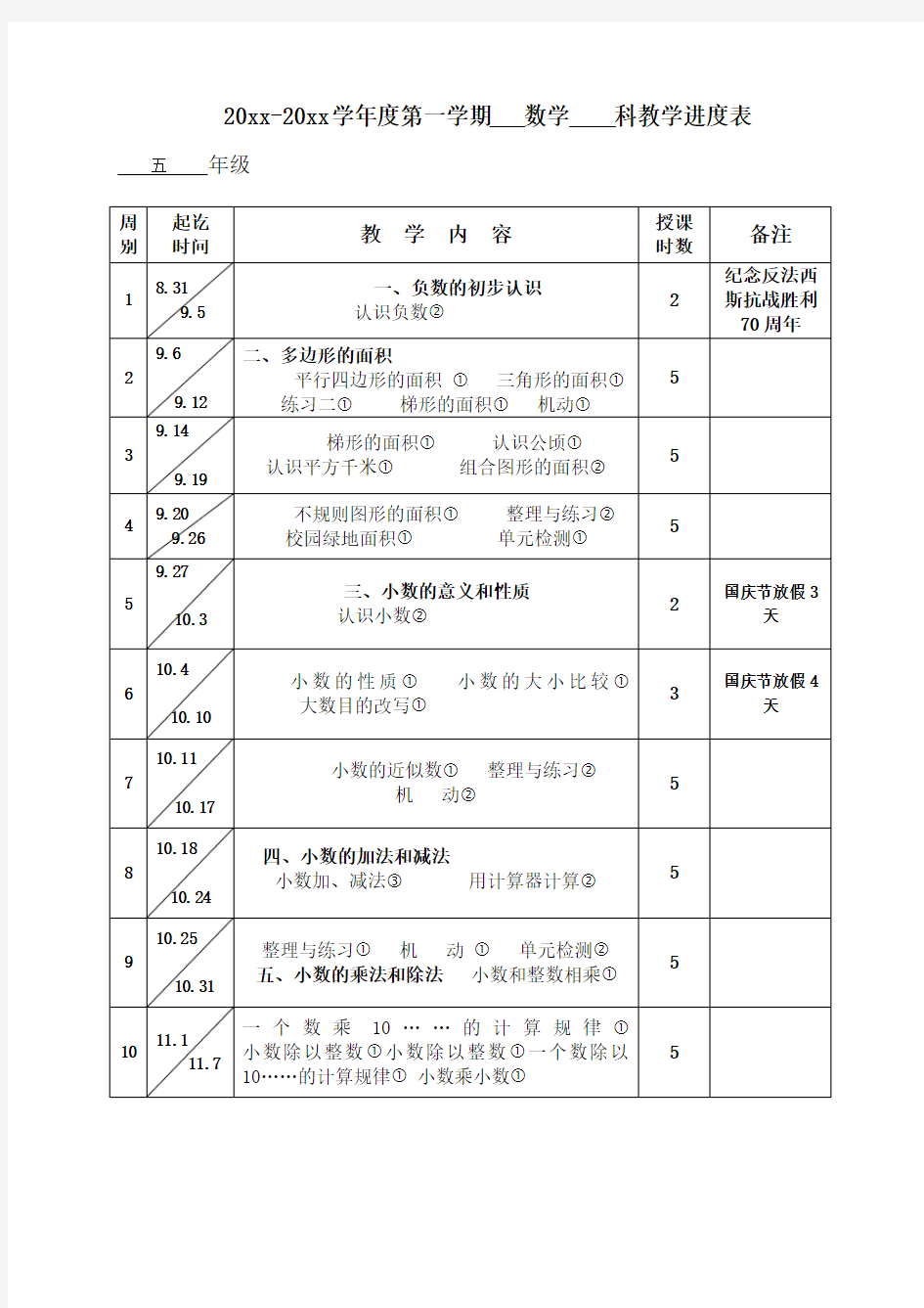 2019最新小学数学苏教版五年级上册教学进度表