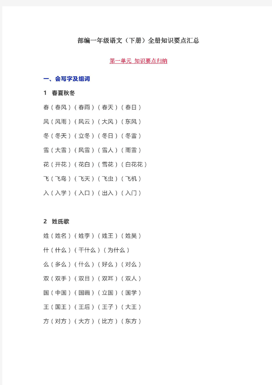 一年级下册语文部编版全册知识要点汇总