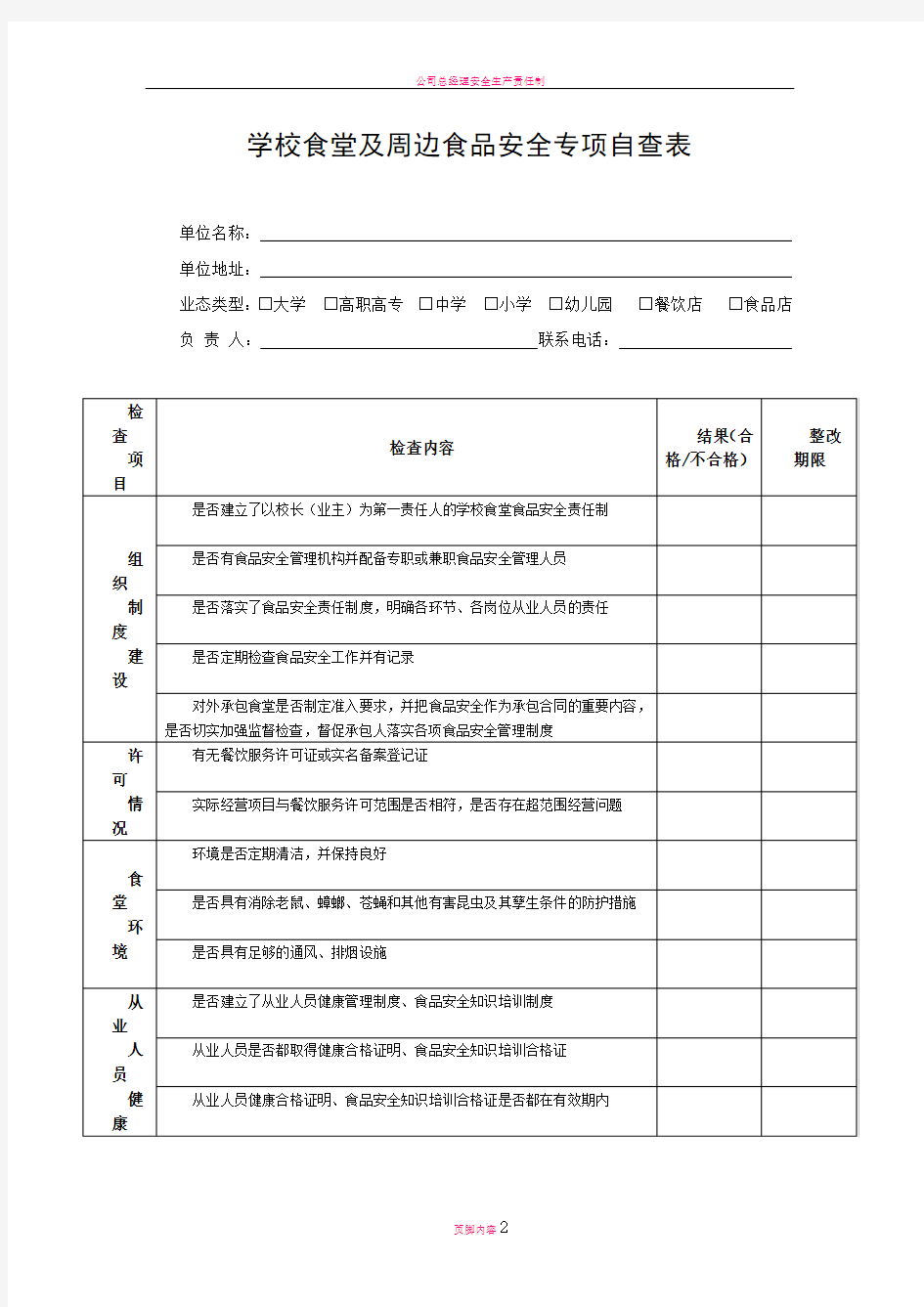 学校食堂及周边食品安全专项自查表