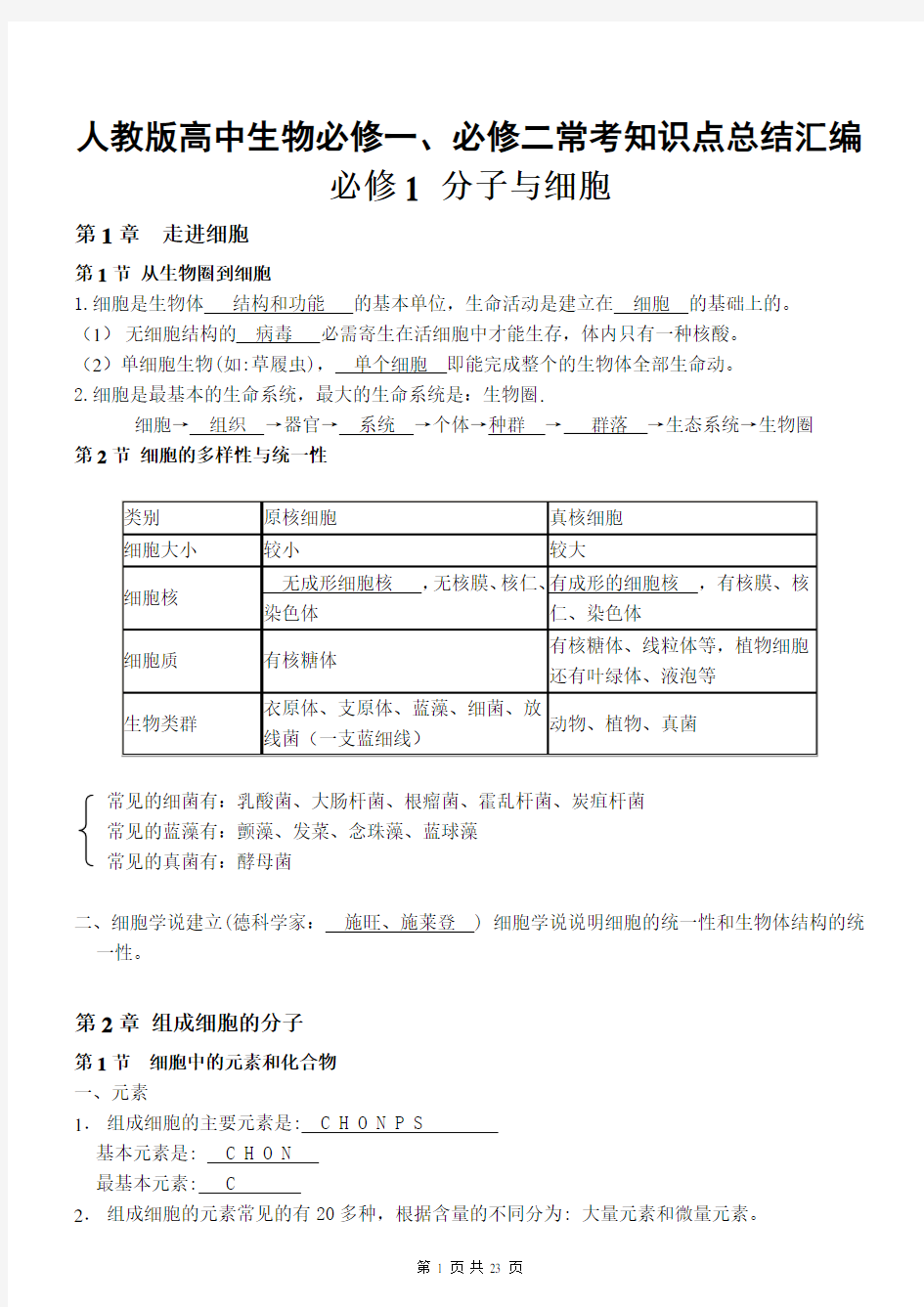 人教版高考生物一轮复习：必修一、必修二常考知识点总结汇编