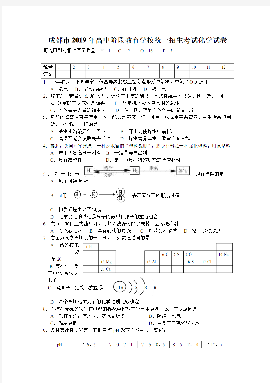 成都市中考化学试卷及答案