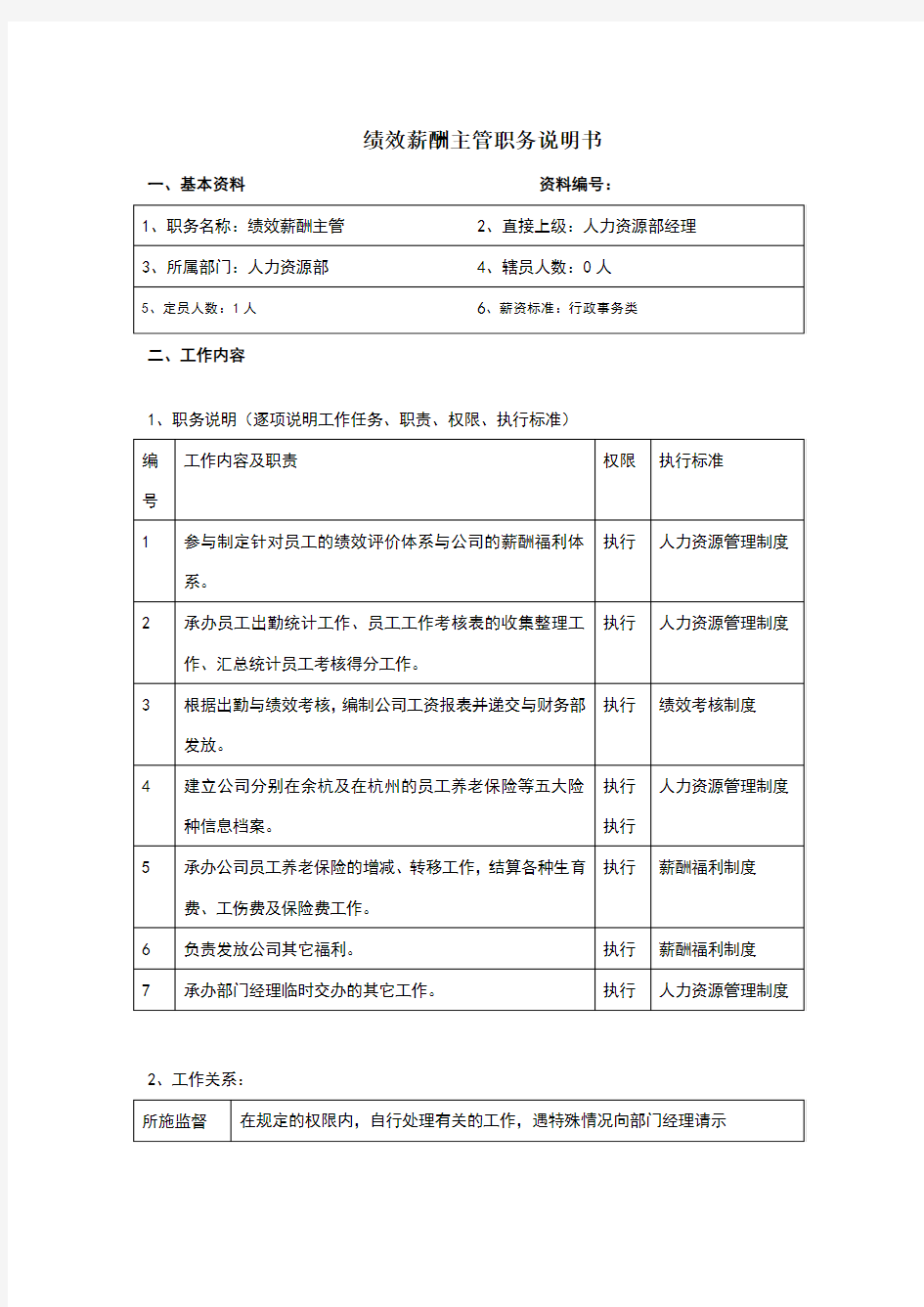 绩效薪酬主管岗位说明书