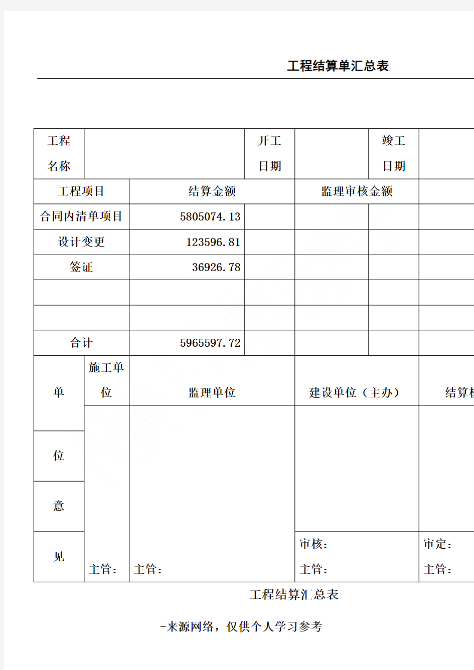 一份完整的工程结算单书(市政)