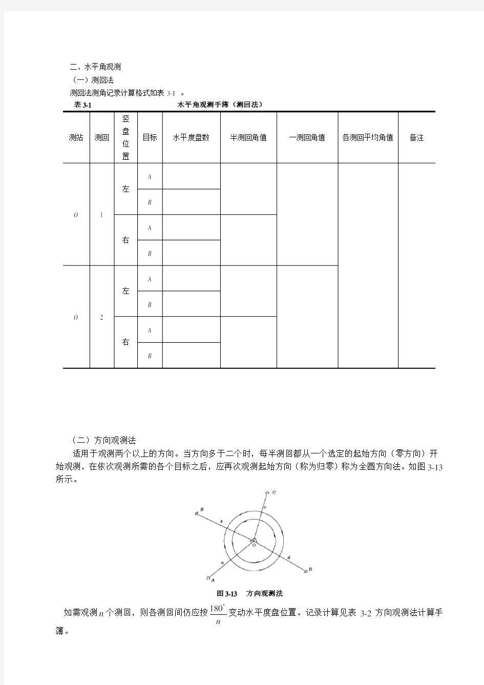 水平角测量数据记录表