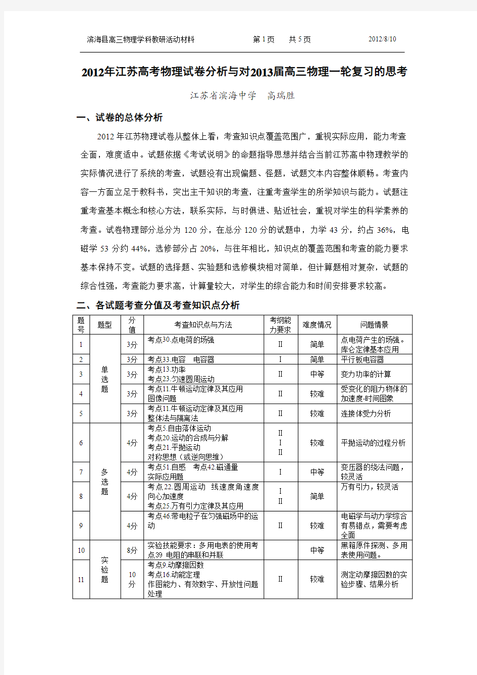 2012年江苏高考物理试卷分析与对2013届高三物理一轮复习的思考