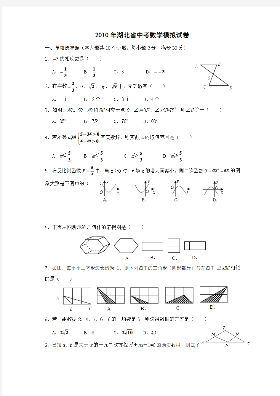 2010年湖北省中考数学模拟试卷