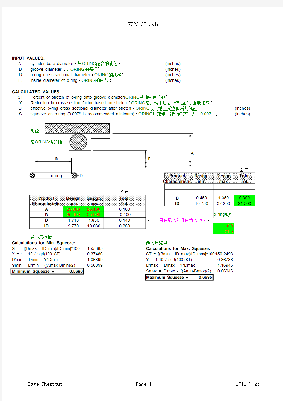 O-RING密封设计规范及压缩量计算模板