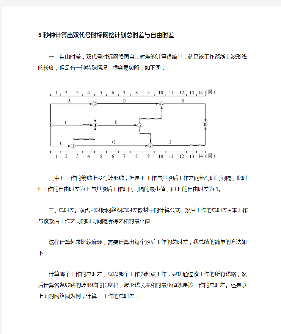 5秒钟快速计算出双代号时标网络计划总时差与自由时差