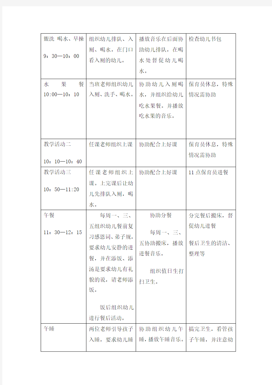 尚城幼儿园K3B班教师工作分配一日作息时间表