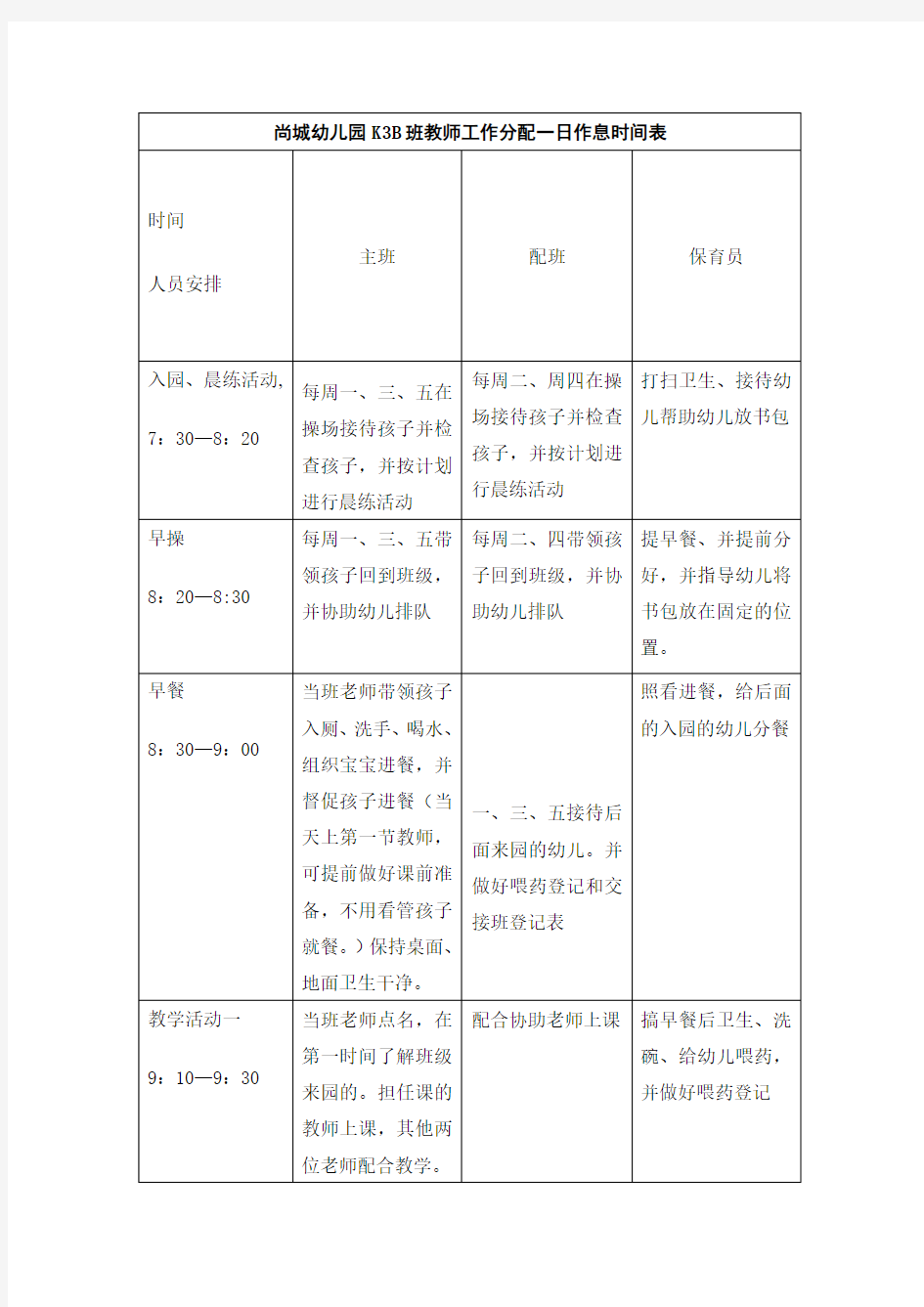 尚城幼儿园K3B班教师工作分配一日作息时间表