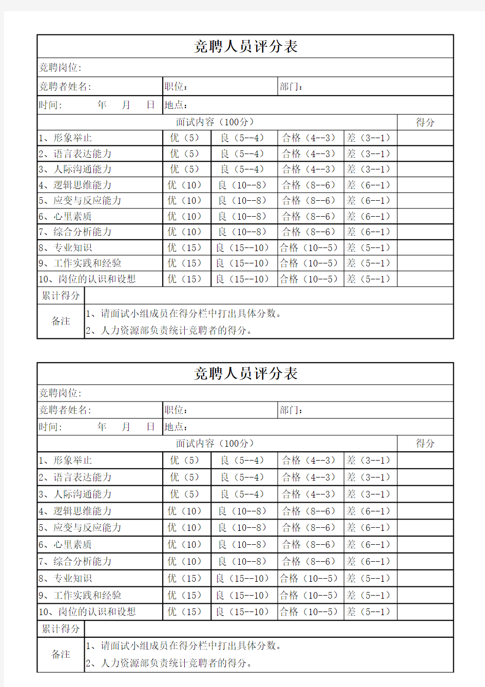 竞聘评分表